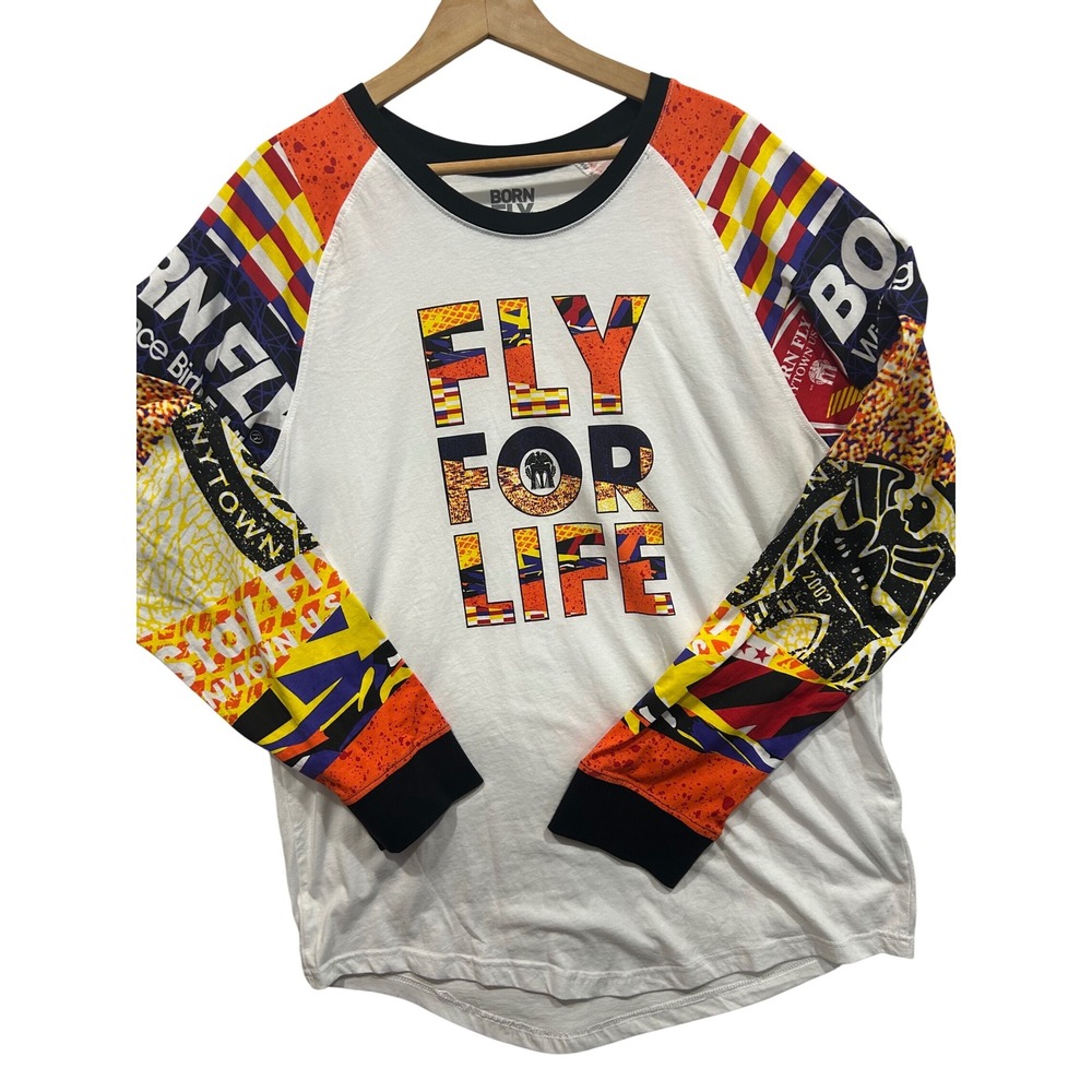 Born Fly Anytown USA‎ Graphic Print Long Sleeve TeeMens 3XL White Colorful (673)